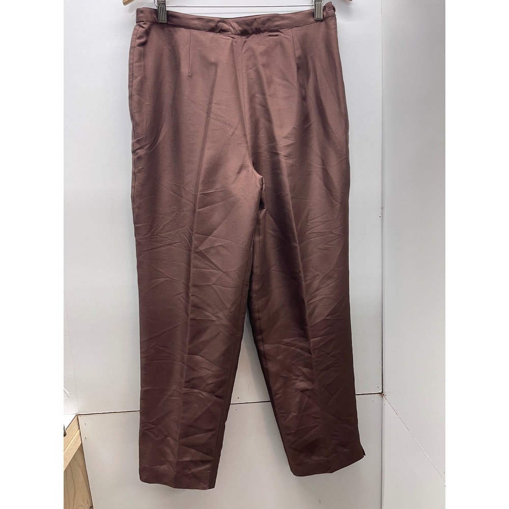 Silkland Brown 100% Pure Silk Straight Leg Trousers Pants Womens Size 12 Lined
